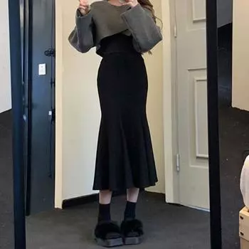 Юбка средней длины «рыбий хвост», женская осенне-зимняя модная эластичная юбка на бедрах, винтажная одежда Y2k, тонкие повседневные штаны большого размера S чёрный