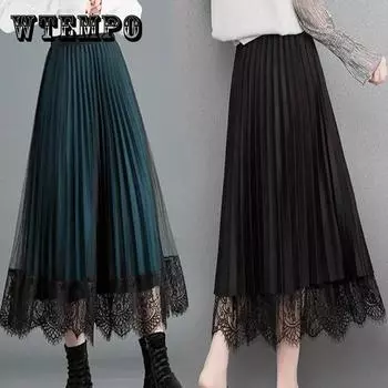 Юбка средней длины. Женская кружевная плиссированная юбка больших размеров с высокой талией. Сетчатая юбка средней длины, носится с обеих сторон. M