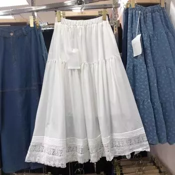 Юбка средней и длинной длины с кружевным краем, легкая, женская, весна 2025, новая, с высокой талией, А-образная, свободная, расклешенная юбка One Size белый