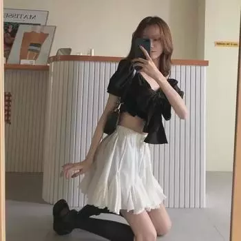 Юбка Super Fairy Slim Fluffy A-Line - женская летняя короткая юбка с высокой талией, корейский стиль, омолаживающая, универсальная, полудлинная для студентов. XL (58-65 kg) чёрный