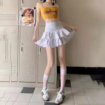 Юбка-торт, кружевная вышитая кружевная милая пышная балетная юбка с высокой талией, белая короткая юбка для женщин, летняя тонкая юбка А-силуэта XS белый