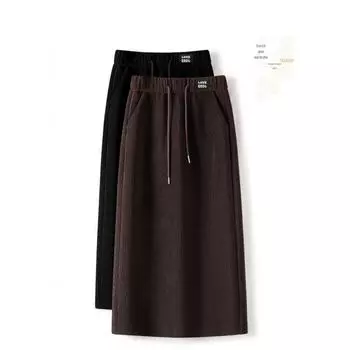 Юбка трапециевидной формы из вельвета с высокой талией 2024 года — повседневная, облегающая, средней длины, на осень/зиму 4XL чёрный