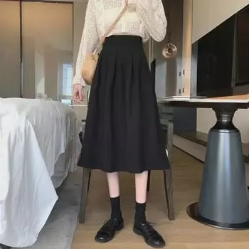 Юбка трапециевидной формы с высокой талией 2022 года — черная юбка миди больших размеров для женщин S чёрный
