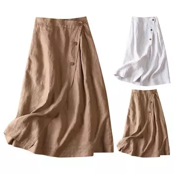 Юбка-трапеция для отдыха, летняя, из хлопка и льна, средней длины, с эластичной резинкой на талии, свободная юбка M хаки