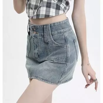 Юбка-трапеция для стройности, брюки в стиле ретро с высокой талией, юбка-полуюбка с двумя пряжками, юбка-карандаш, женская летняя модная джинсовая короткая юбка S синий