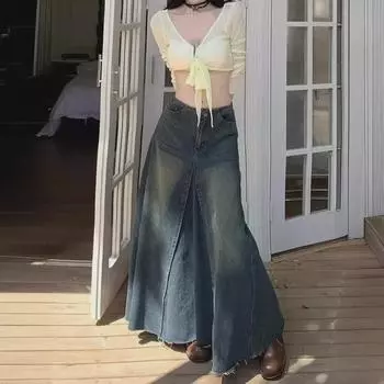 Юбка-трапеция из денима в стиле ретро с высокой талией для женщин – Летняя коллекция 2024 г. Medium синий