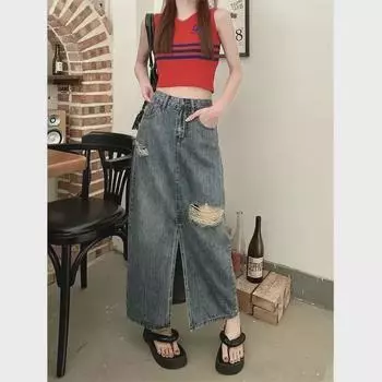 Юбка-трапеция из рваного денима с высокой талией для женщин в стиле ретро — утягивающая, облегающая, средней длины, летний дизайн L синий