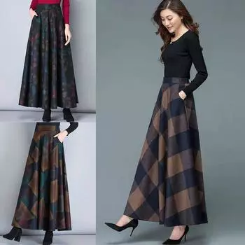 Юбка-трапеция Юбка большой длины Юбка средней длины Шерстяная клетчатая юбка средней длины XXXXL