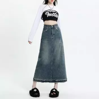 Юбка-трапеция с необработанным краем Джинсовая юбка-бюстье Женская летняя ретро-юбка с высокой талией и бедрами в длинном сечении Модная джинсовая юбка-бюстье S джинсовый