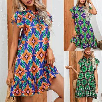 Юбка-трапеция с принтом, летняя модная юбка с коротким рукавом и круглым воротником S