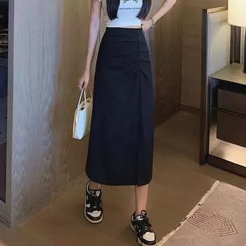 Юбка-трапеция с разрезом выше колена, простая, с высокой талией, в стиле Commuter Temperament M чёрный