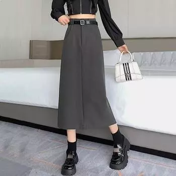 Юбка-трапеция с разрезом выше колена, простая, с высокой талией, в стиле Commuter Temperament M серый