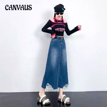 Юбка-трапеция с высокой талией, потертая мешковина, повседневная модная джинсовая юбка, универсальная женская юбка больших размеров M синий