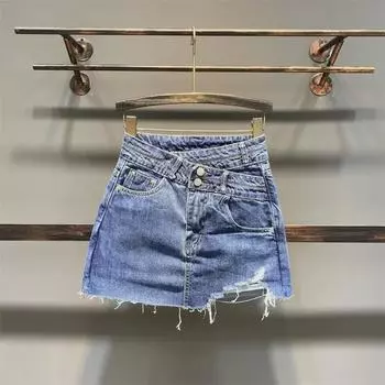 Юбка-трапеция с высокой талией ZZ Ripped Denim - женская летняя корейская модель 2025 года S синий