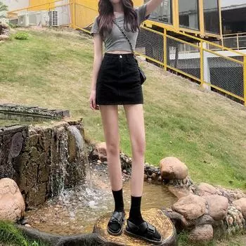 Юбка-трапеция с завышенной талией, уникальный шарм, юбка большого размера, студенческая универсальная повседневная юбка до бедра, Ms. Летняя мода ковбойская короткая юбка S черный серый