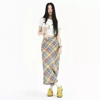Юбка-трапеция в стиле ретро с высокой талией и клетчатым узором цвета допамина S