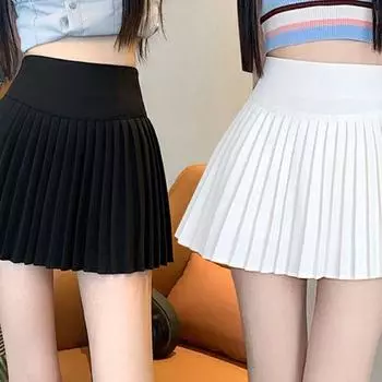 «Юбка-юбка А-силуэта в студенческом стиле с высокой талией, плиссированная, однотонная, с подкладкой, защищающей от воздействия внешней среды» Medium чёрный
