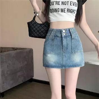 Юбка UniqueDouble-button Design Sense с высокой талией, ретро-трапеция, облегающая юбка-карандаш, короткая юбка-брюки, женская летняя мода, джинсовая короткая юбка S синий