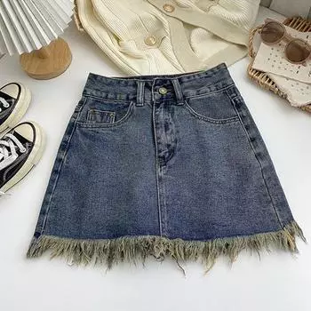 Юбка UniqueRaw Edge Design Sense Tassel, тонкая секция, ретро, полуоблегающая, с высокой талией, пакет, бедра, сто, А-силуэта, женская летняя модная джинсовая короткая юбка S синий