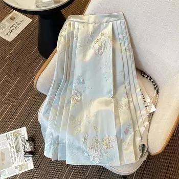 Юбка в китайском стиле с золотым тиснением, элегантный жаккардовый плиссированный костюм Mamianqun, женская юбка династии Мин, женская юбка с конским лицом XL нефритовый