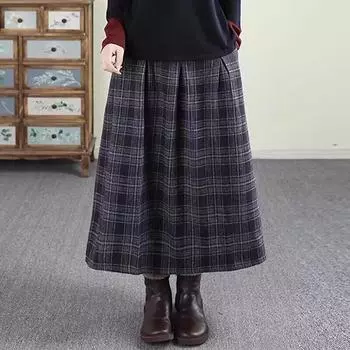 Юбка в клетку из пряжи, окрашенной в ретро-стиле, женская, осенне-зимняя, теплая, шерстяная, длинная, юбка в клетку средней и большой длины One size