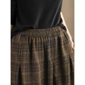 Юбка в клетку из пряжи, окрашенной в ретро-стиле, женская, осенне-зимняя, теплая, шерстяная, длинная, юбка в клетку средней и большой длины L кофейный