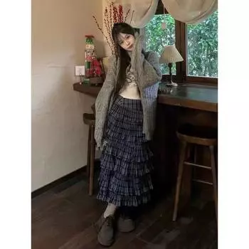Юбка в клетку в японском стиле для женщин, уличная одежда, оборки, пэчворк, плиссированная юбка миди, летняя мода, винтаж в стиле Харадзюку S