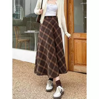 Юбка в клетку женская шерстяная ретро А-образная длинная юбка 2024 осень-зима новая юбка в клетку кофейного цвета выглядит тонкой S