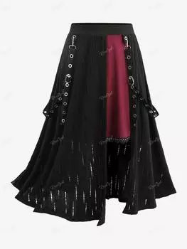 Юбка в рубчик Rosegal размера плюс Revit с кружевной отделкой и люверсами из ленты с вырезом L чёрный