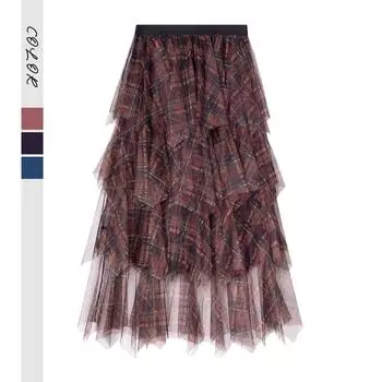 Юбка в сетку из клетчатой ткани 2025 года, осень-зима, новая нерегулярная многослойная юбка с высокой талией, тонкая, средняя и длинная юбка для женщин One size темно-серого