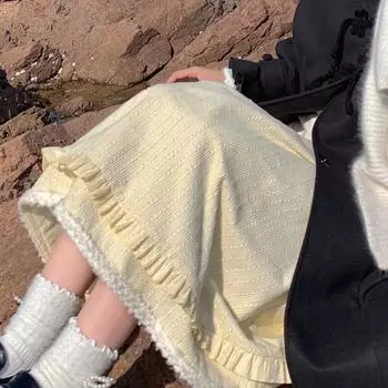 Юбка в стиле колледжа из мягкого воскового молочного цвета для девушек, осенне-зимняя, вельветовая, с кружевной текстурой, средней длины, юбка-трапеция для женщин S бежевый