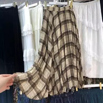 Юбка в стиле ретро 2025 года, эластичная талии, облегающая длинная юбка, женская клетчатая юбка А-образного силуэта one size fits all синий