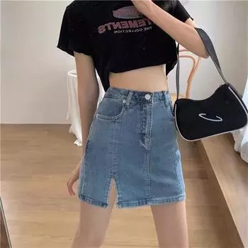 Юбка в стиле ретро с разрезом до середины бедра, джинсовая юбка, женская летняя новая юбка А-силуэта с высокой талией, закрывающая лицо S
