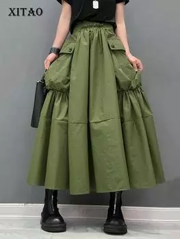 Юбка XITAO с карманами и эластичной резинкой на талии DMJ3981 One Size зелёный