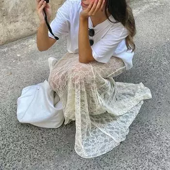 Юбка Yousheng Fishtail с подкладкой, однотонная, в стиле ретро, кружевная макси-юбка, съемная, из двух частей, для вечеринок, свадеб S бежевый