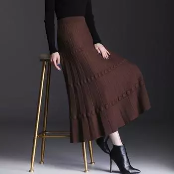 Юбка женская 2022, осенне-зимняя новая вязаная плиссированная женская юбка с высокой талией и тонкой шерстяной юбкой трапециевидной формы средней длины