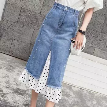 Юбка женская белая кружевная женская джинсовая строчка до середины икры летняя новая сетчатая юбка трапециевидной формы с разрезом волнистая точка с рюшами и высокой талией S синий