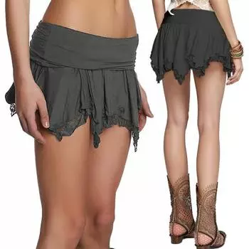 Юбка женская кружевная мини-юбка Yousheng с низкой талией, асимметричным подолом и оборками, короткая юбка с сексуальной кружевной отделкой, однотонная струящаяся ретро-юбка в стиле феи S серый