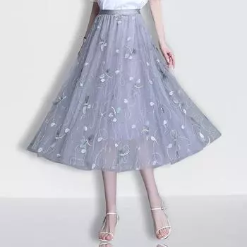 Юбка женская летняя a word женская драпировка средняя и длинная белая плиссированная вышитая сетчатая юбка-зонтик высокая талия и тонкая высокая чувственность One size (recommended weight 40kg-75kg) серо голубой