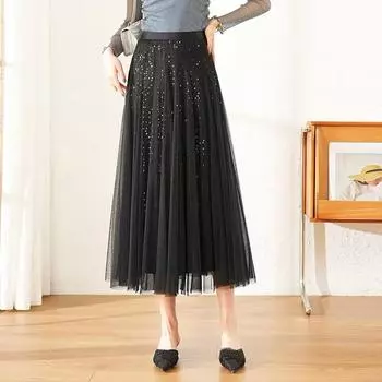 Юбка женская летняя a word женская драпировка средняя и длинная белая плиссированная сетчатая юбка-зонтик высокая талия и тонкая высокая талия One size (recommended weight 40kg-75kg) чёрный