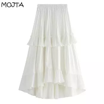 Юбка женская, летняя и осенняя плиссированная юбка трапециевидной формы, новый стиль, короткая передняя и длинная задняя юбка с рюшами неправильной формы one size белый