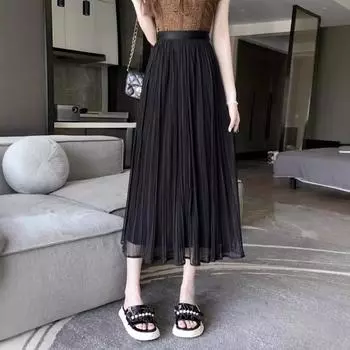 Юбка женская летняя плиссированная с высокой талией маленькая женская драпированная пышная длинная юбка высокая юбка One size (recommended weight 80-75 kg) чёрный