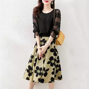 Юбка женская летняя плиссированная юбка с высокой талией, цветочная, большого размера, с большим маятником, пышная длинная юбка детская, женская, драпировка, продвинутый смысл One size