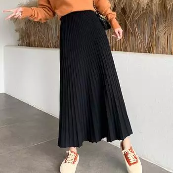 Юбка женская трикотажная Yousheng с высокой талией, однотонная юбка А-силуэта, свободная плиссированная юбка, длинная юбка осень-зима абрикосовый