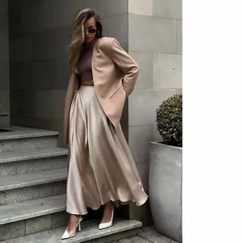 Юбка женская весенне-летняя темпераментная элегантная атласная длинная юбка с высокой талией L белый