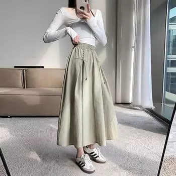 Юбка женская весна-лето 2024 года с высокой талией, большая длинная юбка-зонтик, тонкая и универсальная юбка-солнце со шнуровкой, ниша, А-образная юбка M светло-зеленый