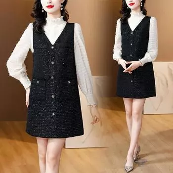 Юбка-жилет с V-образным вырезом в стиле Xiaoxiang, новое осеннее прямое элегантное многослойное платье без рукавов средней длины S чёрный