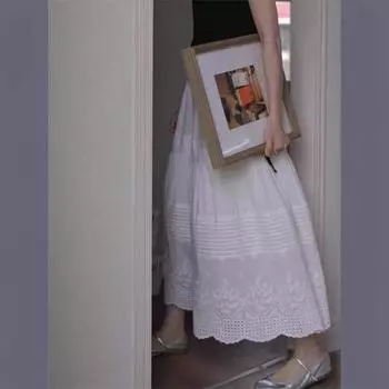 Юбка-зонтик из французского белого кружева с высокой талией, женская летняя тонкая драпировка средней длины, А-силуэта XL белый