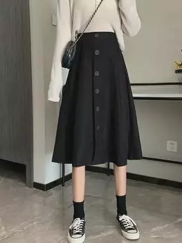 Юбка-зонтик с высокой талией А-силуэта 2024 года: Средняя длина, облегающий крой, на весну и осень 2XL абрикосовый