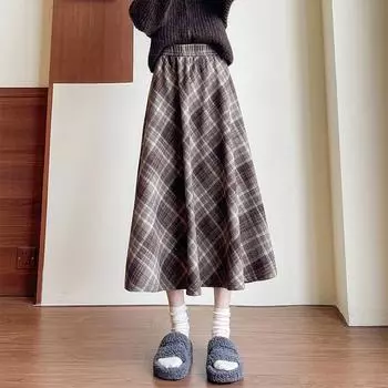 Юбка-зонтик в клетку средней и длинной длины для женщин, осень и зима, новая плиссированная юбка в клетку из шерсти с пальто, зимняя юбка S синий